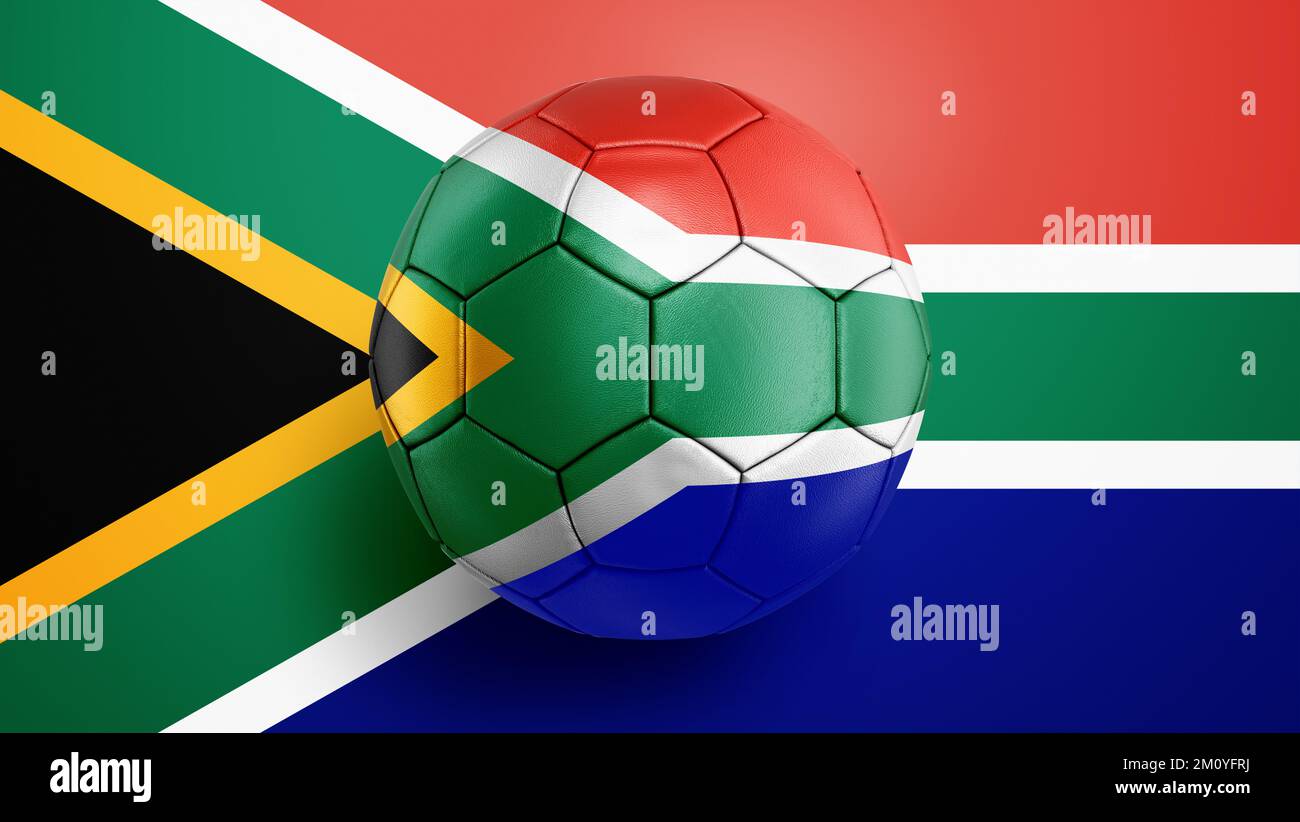 Pallone da calcio bandiera Sud Africa su uno sfondo bandiera Sud Africa. Illustrazione 3D Foto Stock