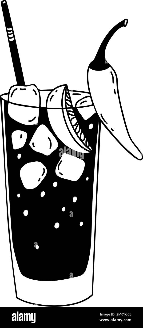 Famoso cocktail messicano Vampiro. Bevanda alcolica con tequila, cubetti di ghiaccio, lime e peperoncino. Disegno a mano vettoriale in stile doodle. Latino am Illustrazione Vettoriale