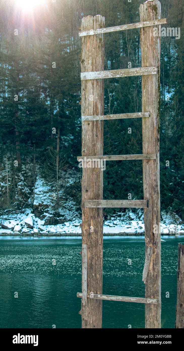 Una scala del molo di pesca sgombrata che si erge in alto sulla riva del fiume Fraser. Foto Stock