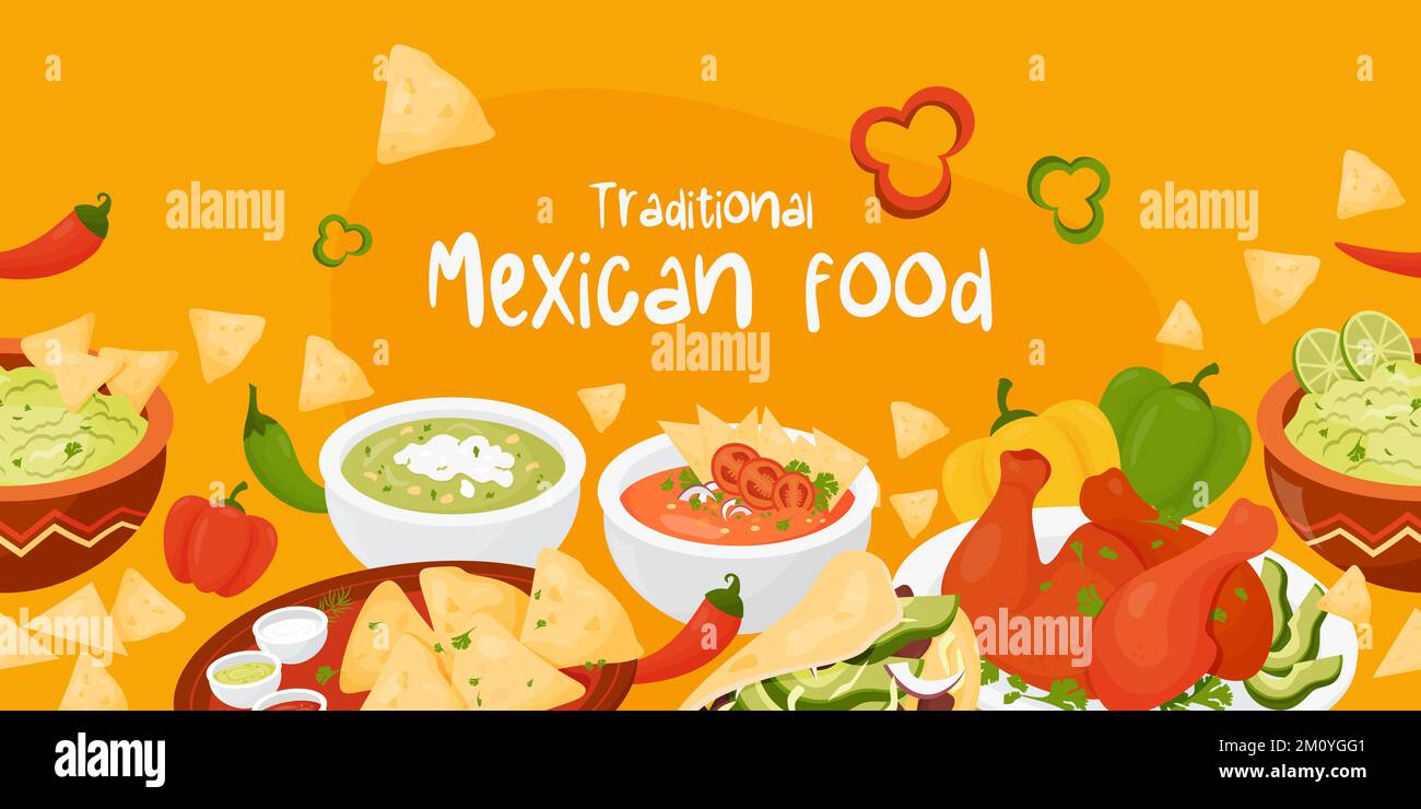 Confine orizzontale senza cuciture con cibo tradizionale messicano. Piatti latinoamericani Quesadilla, Tacos, guacamole con nachos, zuppa verde e zuppa di pomodoro, M Illustrazione Vettoriale Confine orizzontale senza cuciture con cibo tradizionale messicano. Piatti latinoamericani Quesadilla, Tacos, guacamole con nachos, zuppa verde e zuppa di pomodoro, M Illustrazione Vettoriale