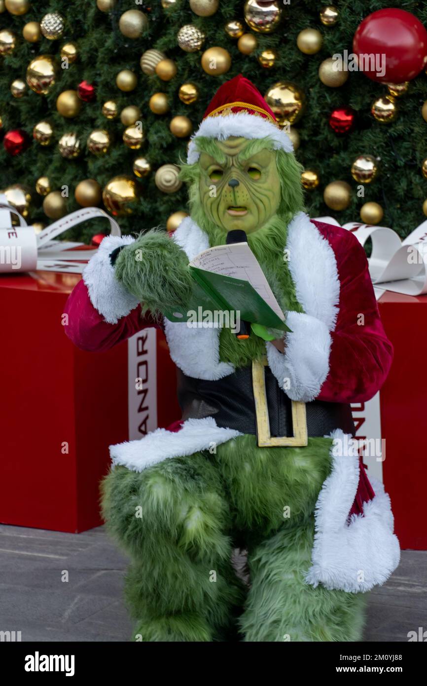 Grinch regalo di Natale cappello albero, albero di natale decoratore  sfondo, messico Foto stock - Alamy