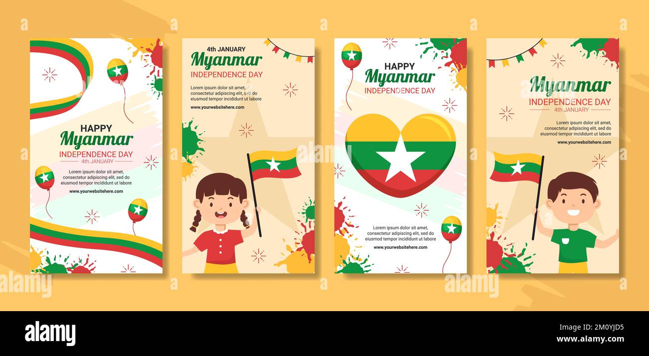 Myanmar Independence Day Social Media Stories Cartoon piano modelli disegnati a mano Illustrazione Illustrazione Vettoriale