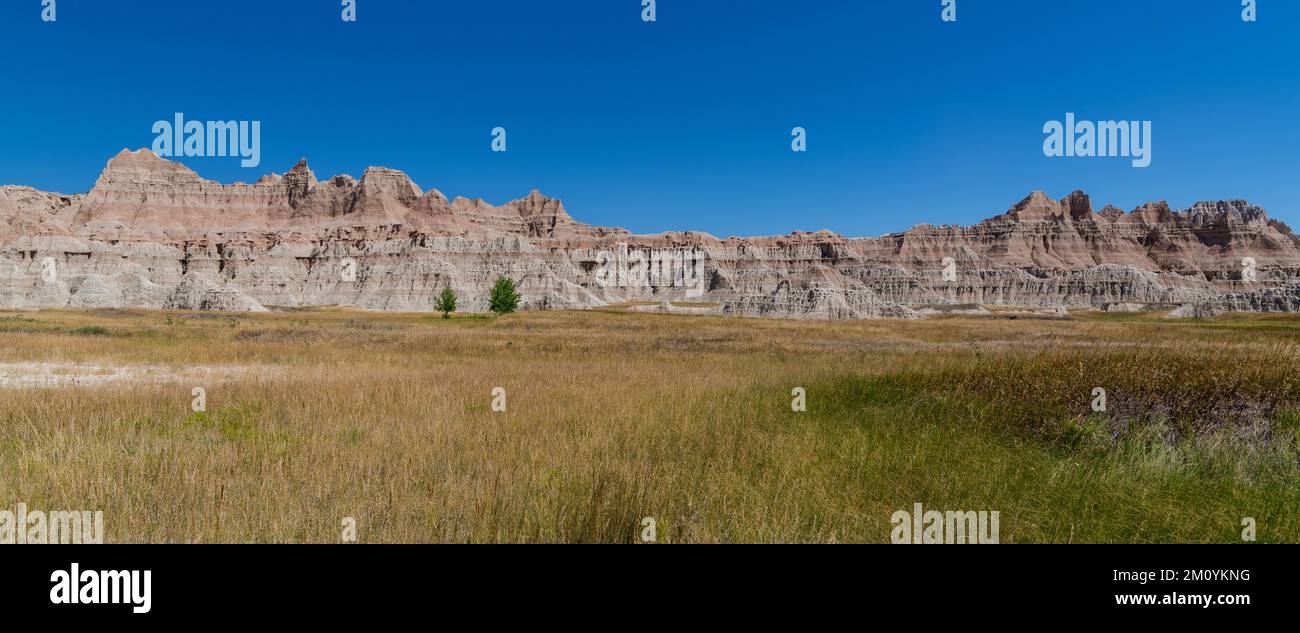 Vista panoramica di una cresta di cime colorate sopra una prateria erbosa nel Badlands National Park, South Dakota Foto Stock