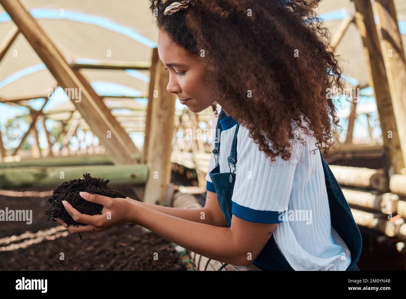 Buona preparazione del suolo è metà del lavoro. una giovane donna che tiene il terreno nelle sue mani mentre lavora in una fattoria. Foto Stock