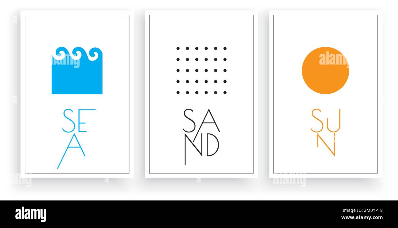 Mare, sabbia e sole, vettore. Design minimalista in tre pezzi. Arte delle pareti, opere d'arte moderne Illustrazione Vettoriale