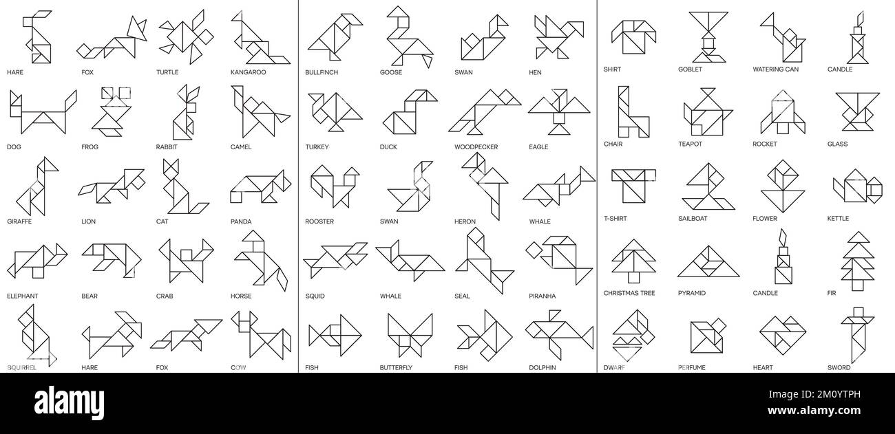 Tangram puzzle gioco. Icone isolate della linea Tangram. Illustrazione Vettoriale