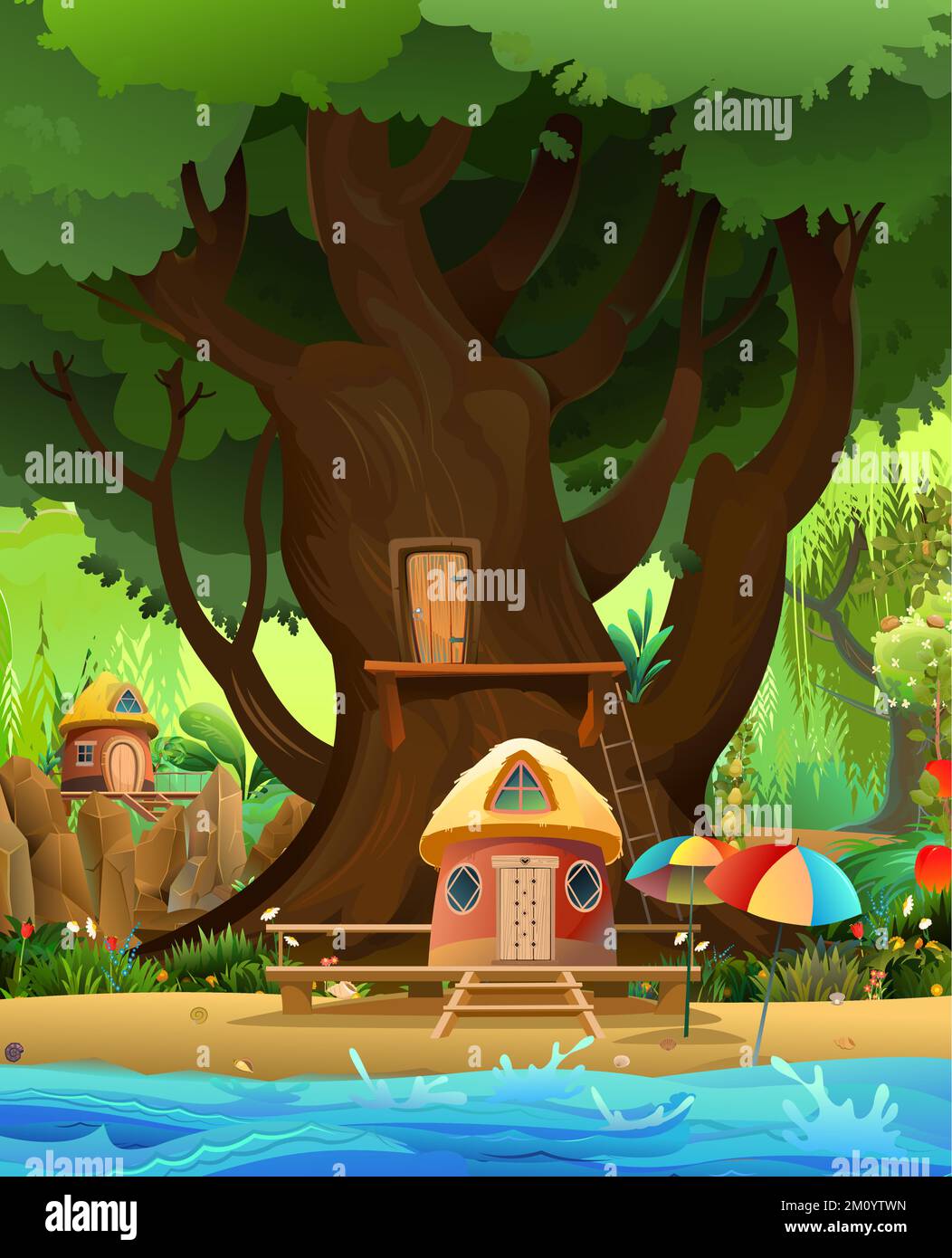 Casa sull'albero grande. Vecchia quercia con porta e scale. Camera all'interno dell'albero. Bungalow sull'acqua. Onde di mare o di fiume. Bel divertimento stile cartone animato. Verticale indicRatio Illustrazione Vettoriale