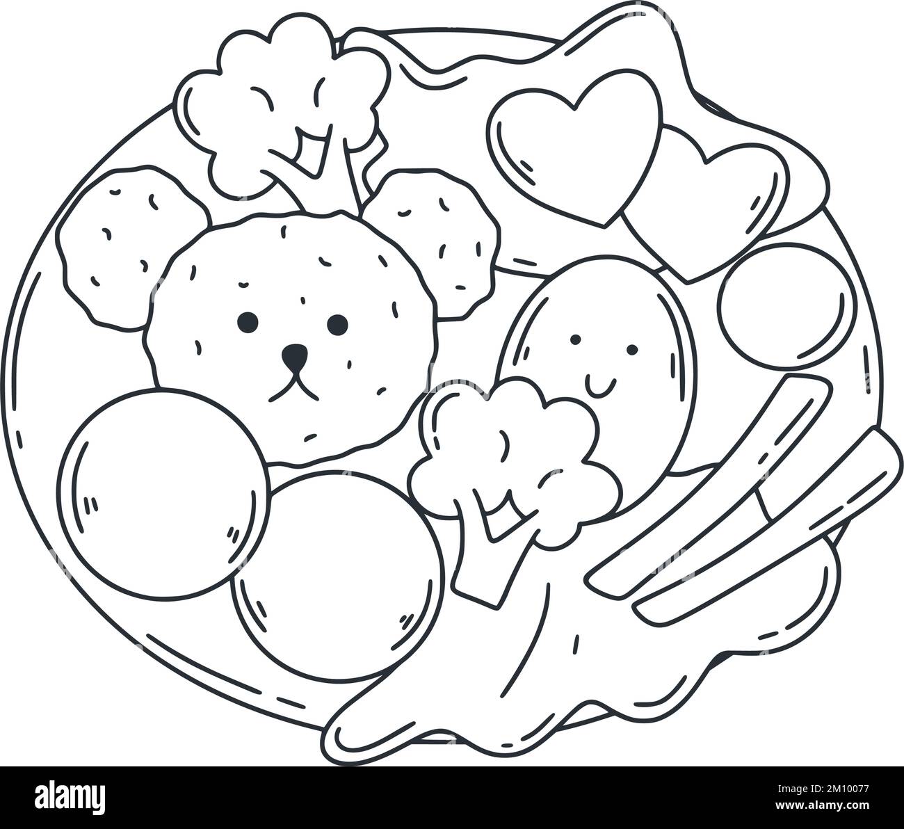 Bento Kids cibo set Doodle stile illustrazione. Semplice inchiostro schizzo chids pranzo che serve. Vettore isolato di cibo asiatico. Riso con carne, uova e verdure Illustrazione Vettoriale