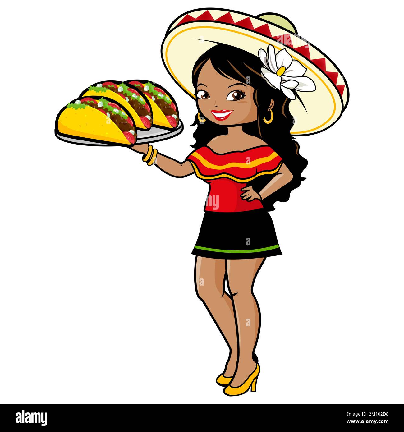 Cameriera messicana che serve un vassoio con tacos. Foto Stock