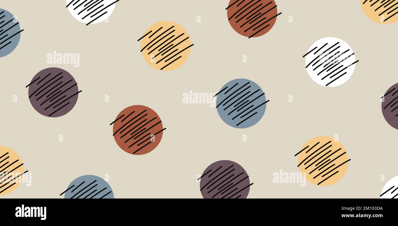 Astratto mano disegnata doodle childish stile vettore polka puntini sfondo. Cerchi semplici con motivo a righe. Irregolare a mano libera punteggiato festivo Illustrazione Vettoriale