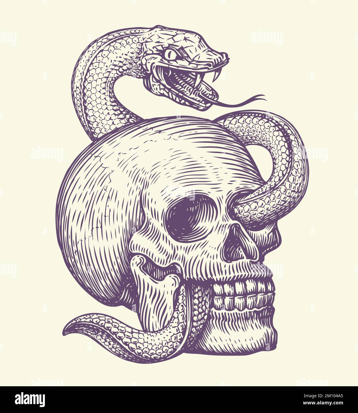 Cranio umano con serpente strisciante. Disegno disegnato a mano in stile vintage. Illustrazione vettoriale del tatuaggio monocromatico Illustrazione Vettoriale