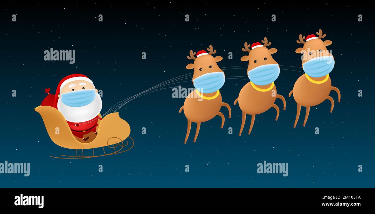 Babbo Natale in maschera medica che vola su una slitta di renne. Illustrazione vettoriale. Illustrazione Vettoriale