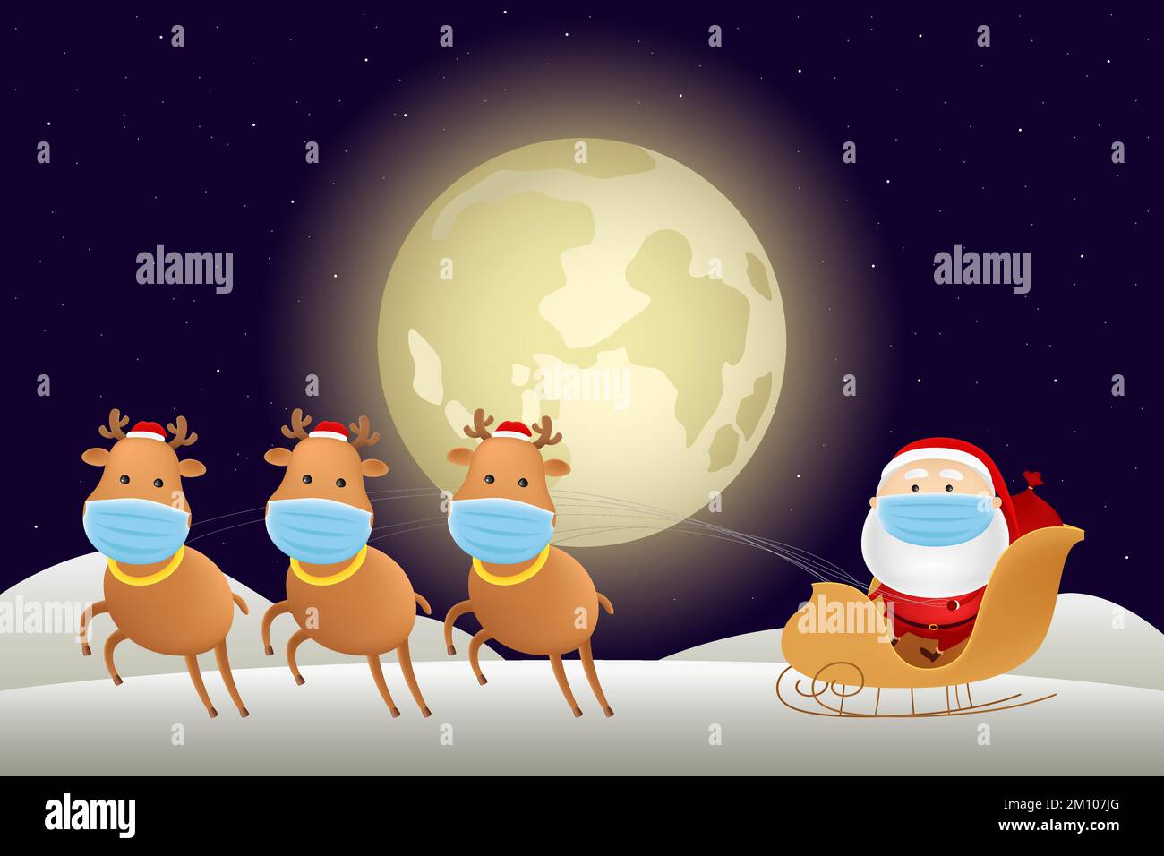 Babbo Natale in maschera medica cavalcando su una slitta con renne. Illustrazione vettoriale. Illustrazione Vettoriale