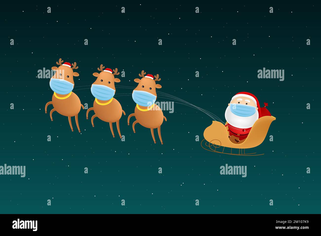 Babbo Natale in maschera che vola su una slitta con renne. Illustrazione vettoriale. Illustrazione Vettoriale