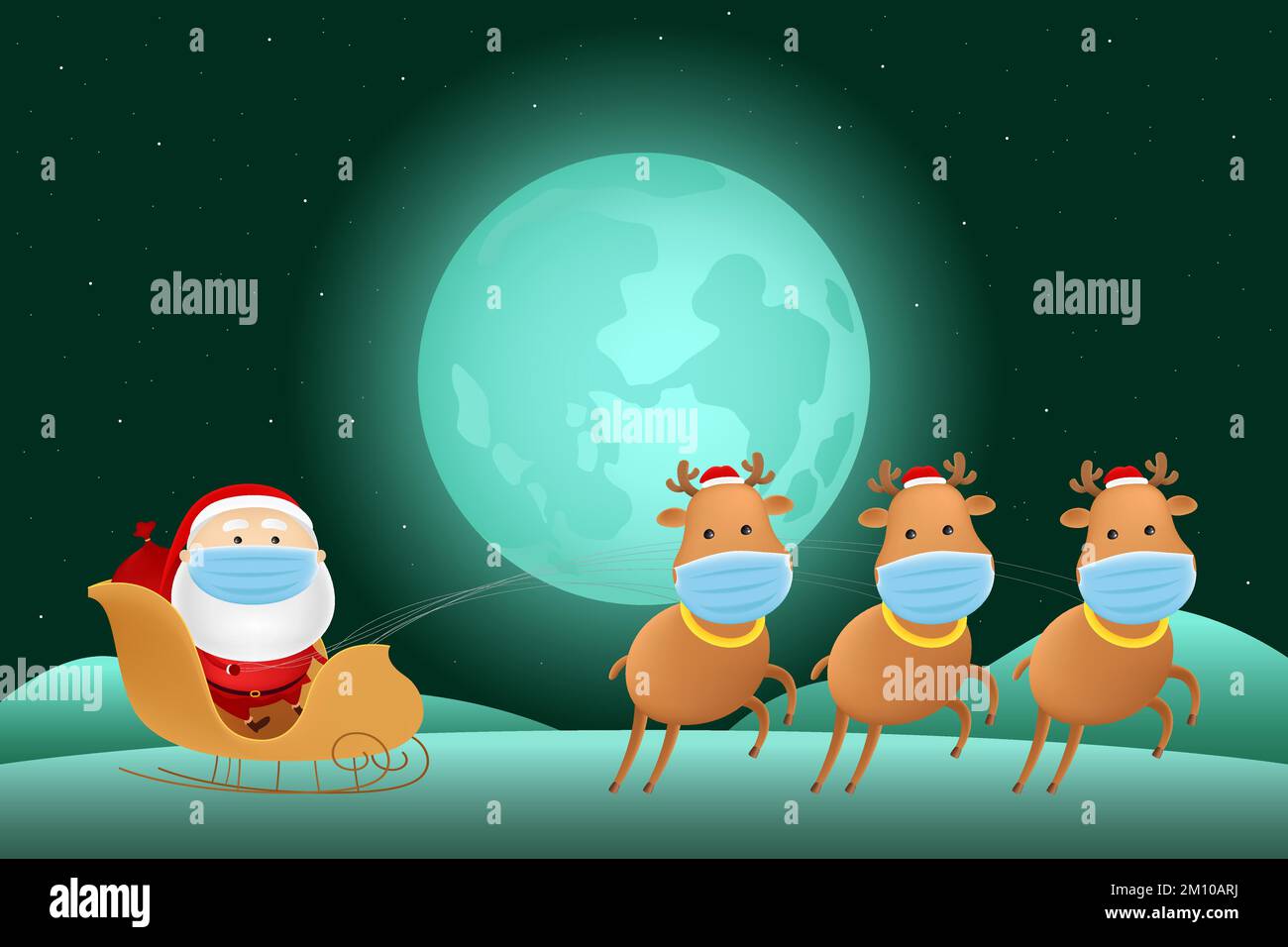 Babbo Natale in maschera a cavallo su una slitta con renne. Illustrazione vettoriale. Illustrazione Vettoriale