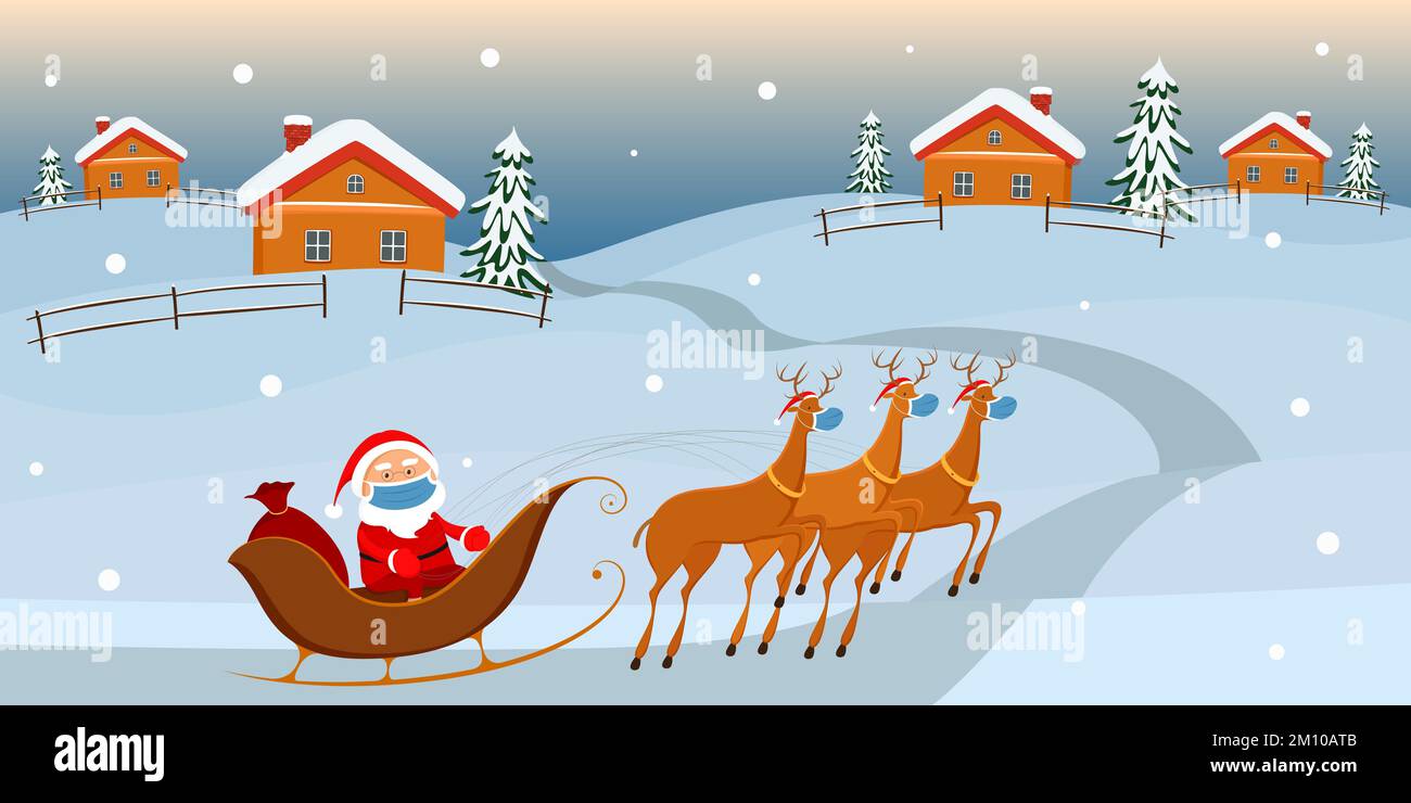 Babbo Natale in maschera cavalcata su slitta renne. Illustrazione vettoriale. Illustrazione Vettoriale