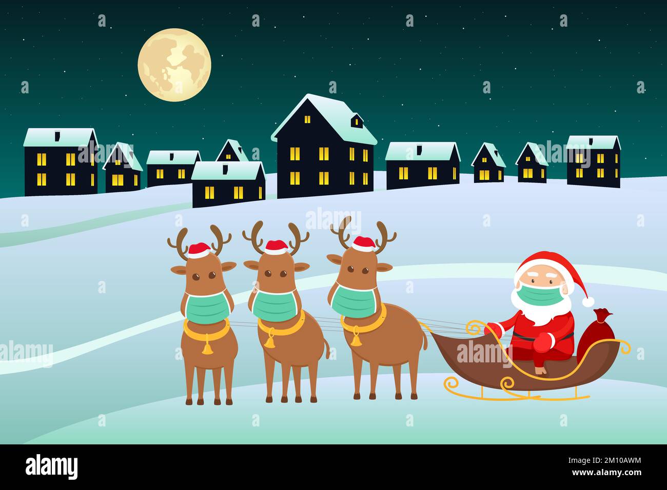Babbo Natale in maschera medica su slitta renne. Illustrazione vettoriale. Illustrazione Vettoriale