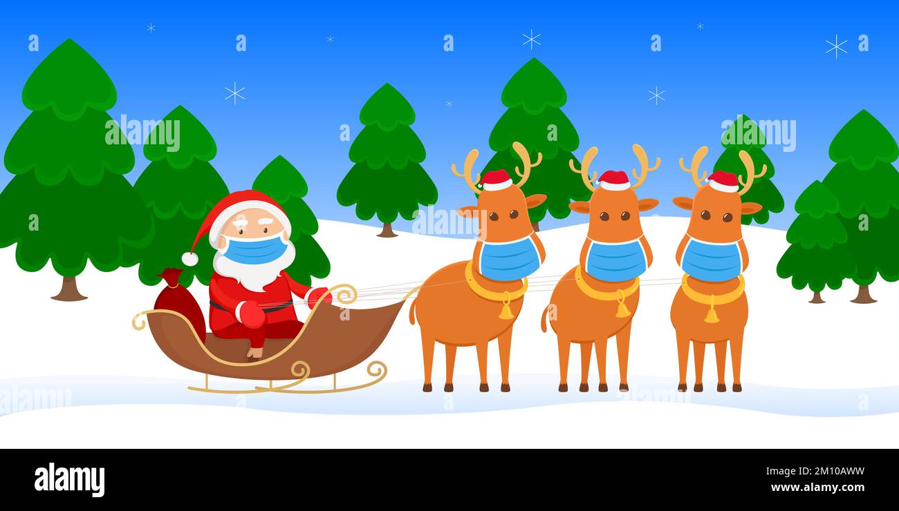 Babbo Natale in maschera cavalcata su slitta di renne. Illustrazione vettoriale. Illustrazione Vettoriale