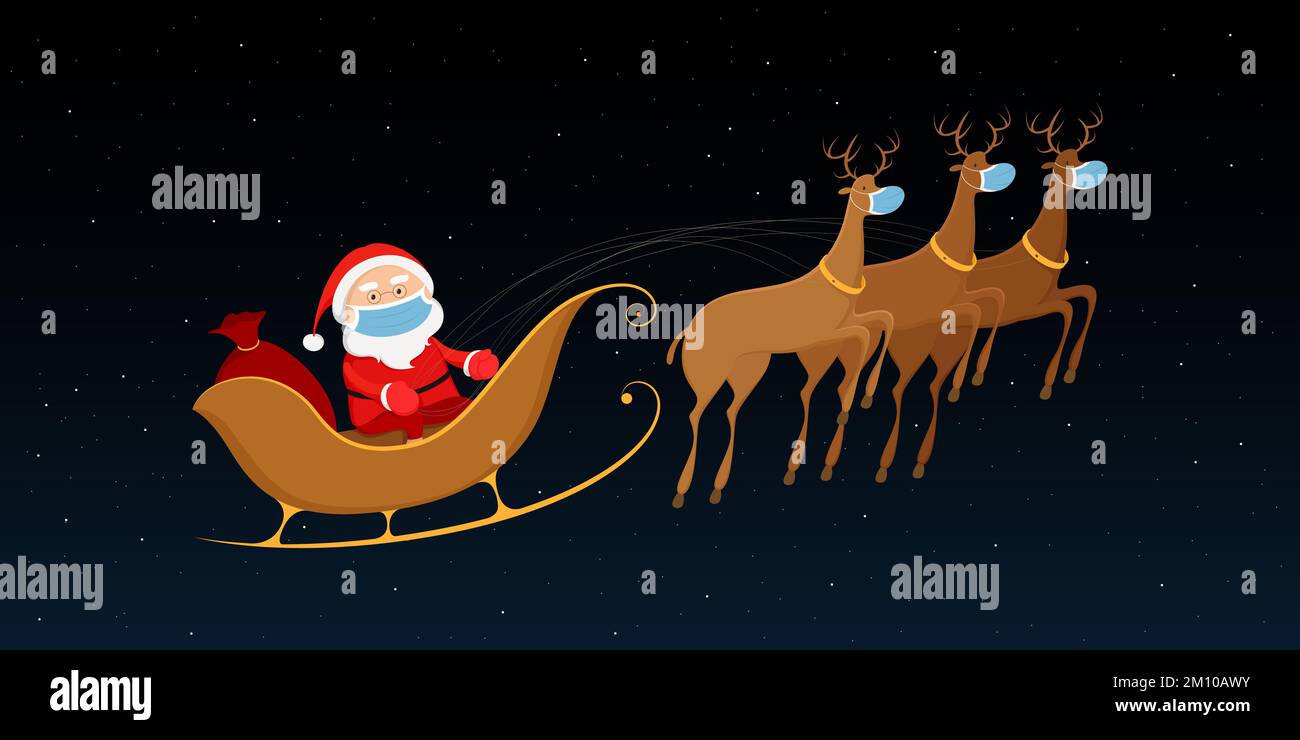 Babbo Natale in maschera medica volare su slitta renne. Illustrazione vettoriale. Illustrazione Vettoriale