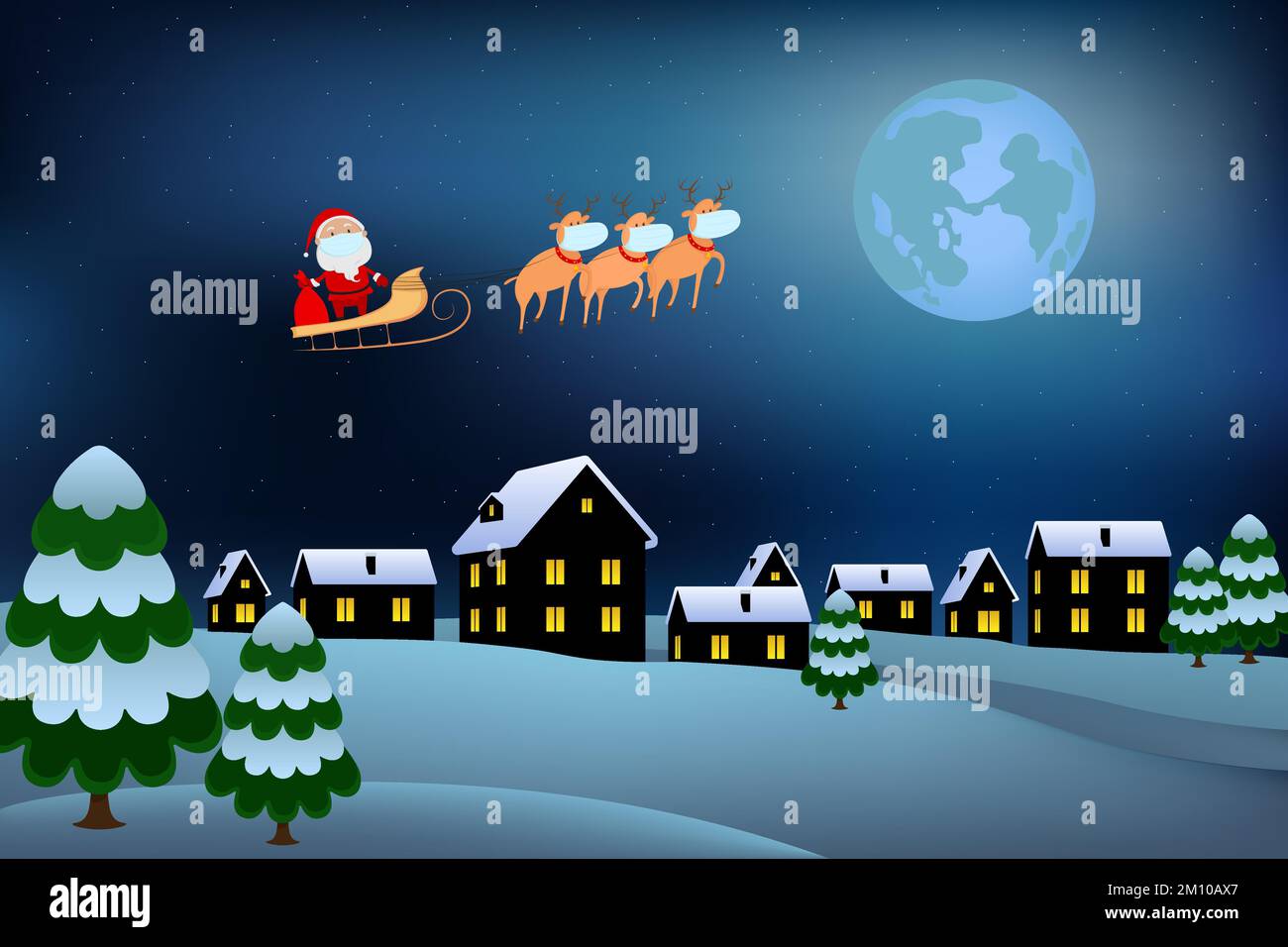 Babbo Natale in maschera che vola su una slitta di renne. Illustrazione vettoriale. Illustrazione Vettoriale