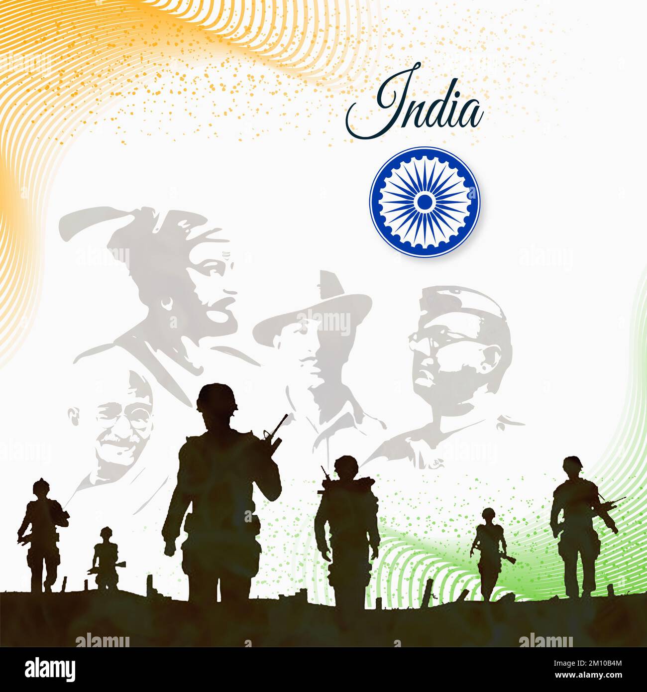 Illustrazione del background di Tricolor India con Nation Hero e Freedom Fighter come Mahatma Gandhi Bhagat Singh, Subhash Chandra Bose per l'indipendenza Foto Stock