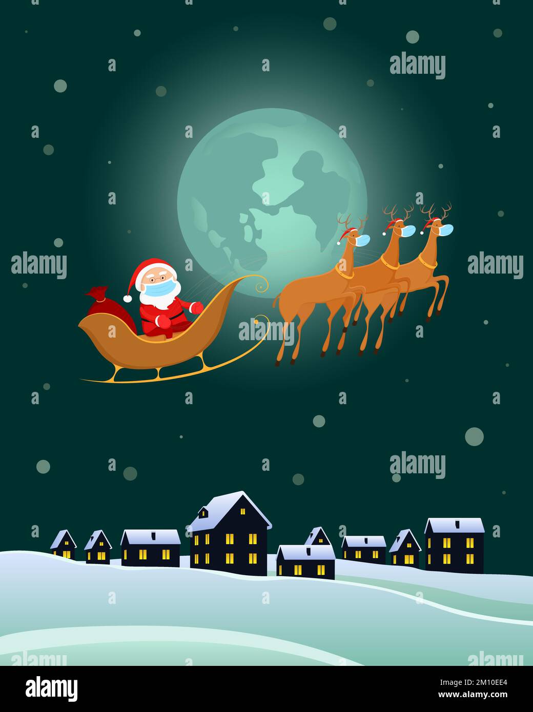 Babbo Natale in maschera medica volare su slitta renne. Stile cartone animato. Illustrazione vettoriale. Illustrazione Vettoriale