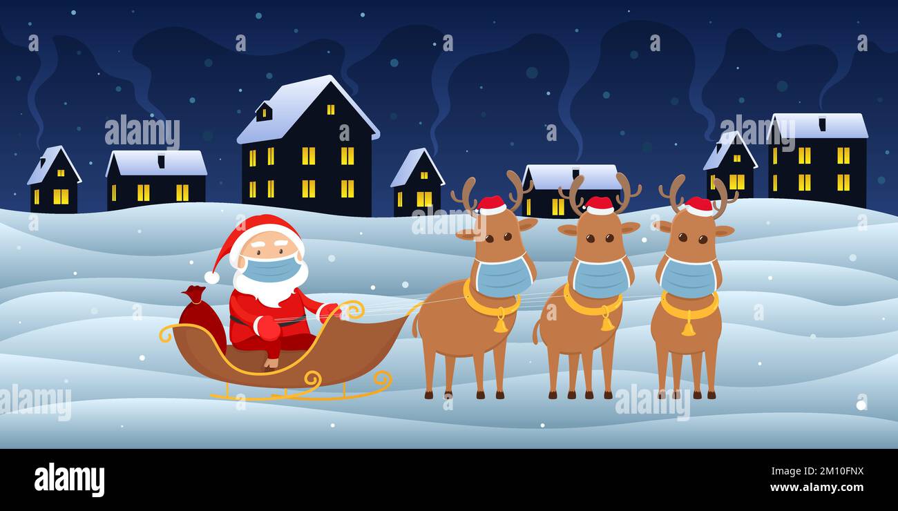 Babbo Natale in maschera su slitta renne. Stile cartone animato. Illustrazione vettoriale. Illustrazione Vettoriale