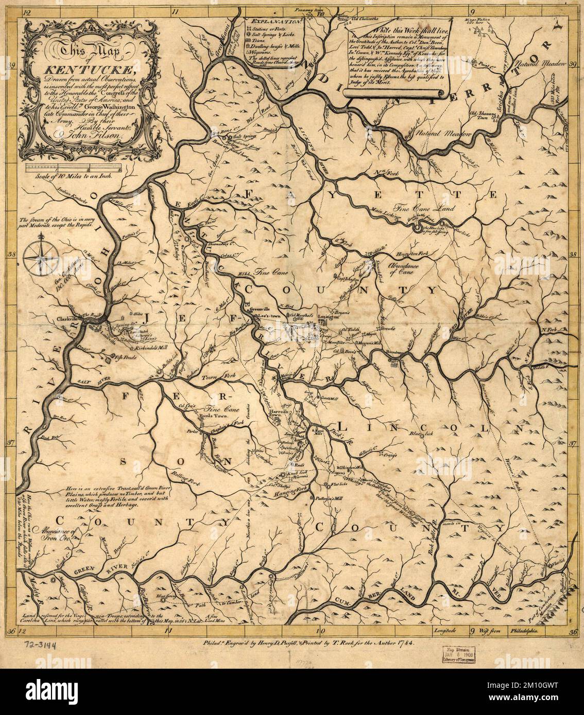 Mappa del Kentucky pubblicata nel 1784 Foto Stock