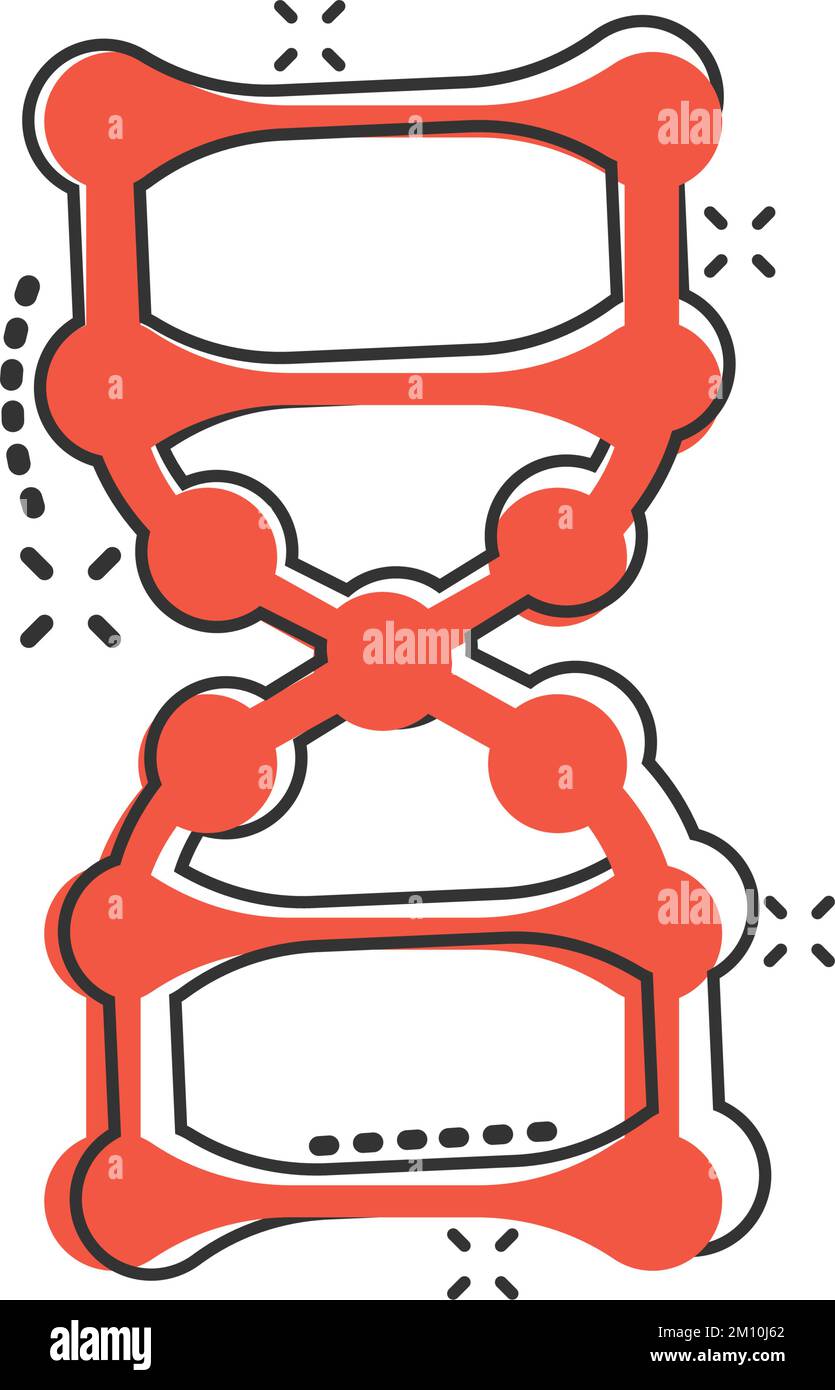 Icona DNA Molecule in stile comico. Illustrazione del vettore cartoon Atom su sfondo bianco isolato. Molecular spiral splash effect Sign business concept. Illustrazione Vettoriale
