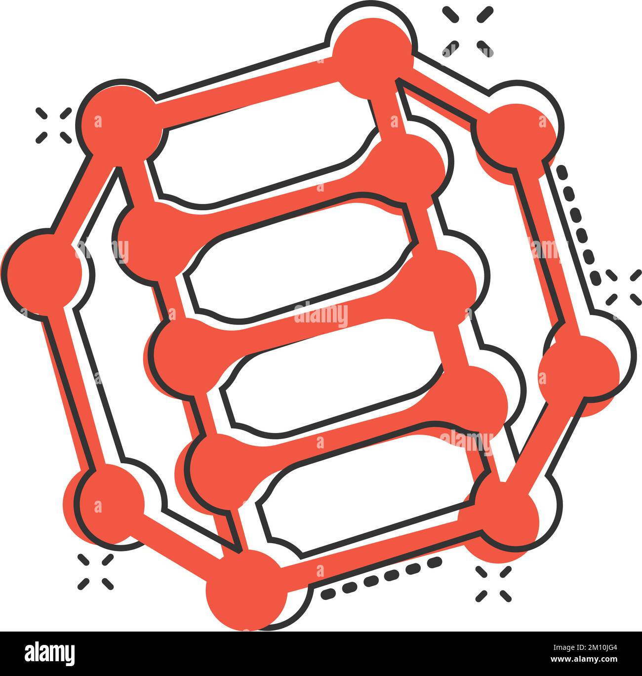 Icona DNA Molecule in stile comico. Illustrazione del vettore cartoon Atom su sfondo bianco isolato. Molecular spiral splash effect Sign business concept. Illustrazione Vettoriale