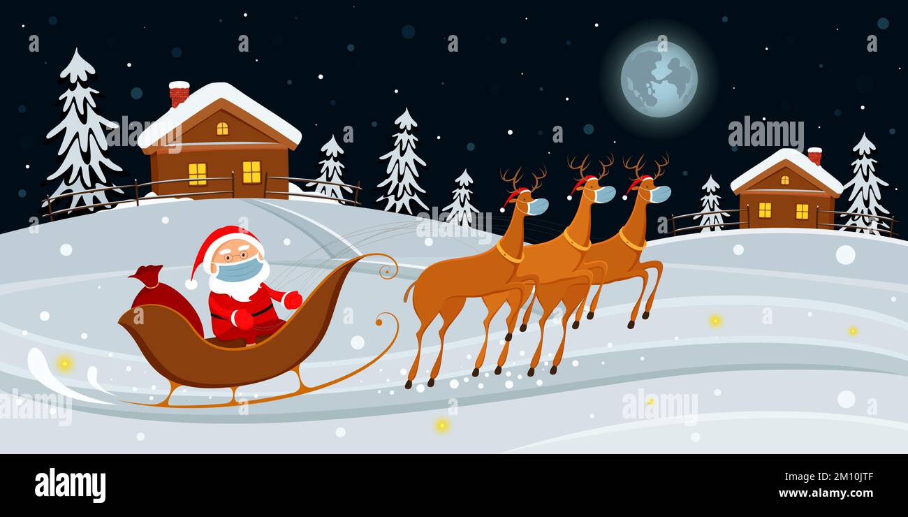 Babbo Natale in maschera cavalcata su slitta di renne. Stile cartone animato. Illustrazione vettoriale. Illustrazione Vettoriale