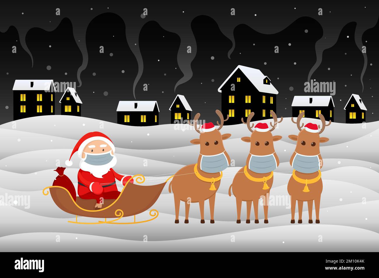 Babbo Natale in maschera medica su slitta renne. Cartone animato. Illustrazione vettoriale. Illustrazione Vettoriale