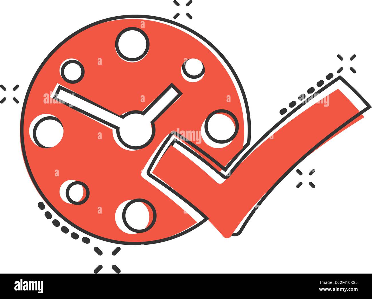 Icona del segno di spunta dell'orologio in stile fumetto. Illustrazione del vettore cartoon di approvazione timer su sfondo isolato bianco. Confermare il concetto di business dell'effetto splash. Illustrazione Vettoriale