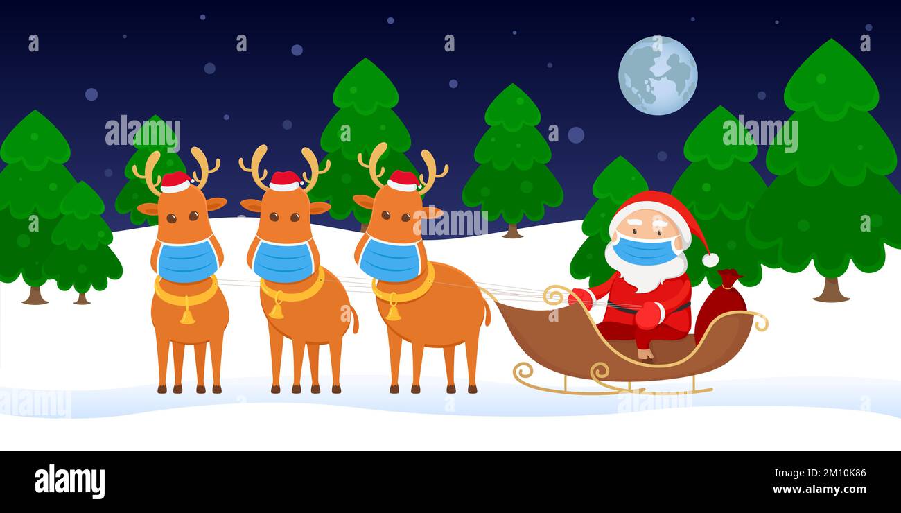 Babbo Natale in maschera su slitta renne. Illustrazione vettoriale. Illustrazione Vettoriale