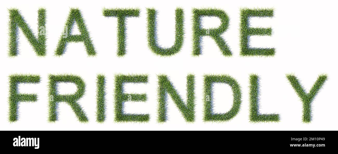 Concetto o concettuale erba verde prato che forma il testo AMICHEVOLE NATURA isolato su sfondo bianco. 3d metafora illustrativa per l'ecologia Foto Stock