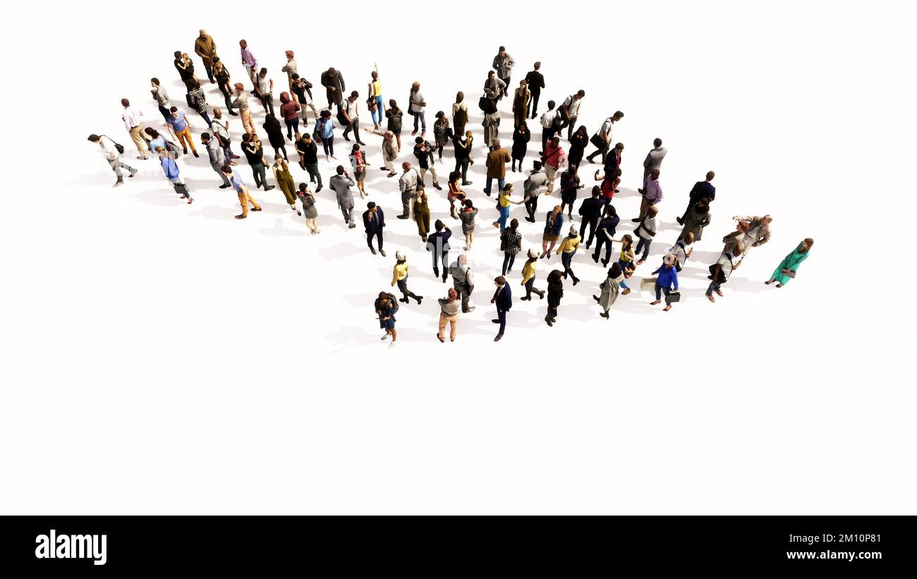 Concetto concettuale grande comunità di persone che formano il cartello stradale. metafora dell'illustrazione 3d per navigazione, strategia, viaggio, guida, scelta Foto Stock