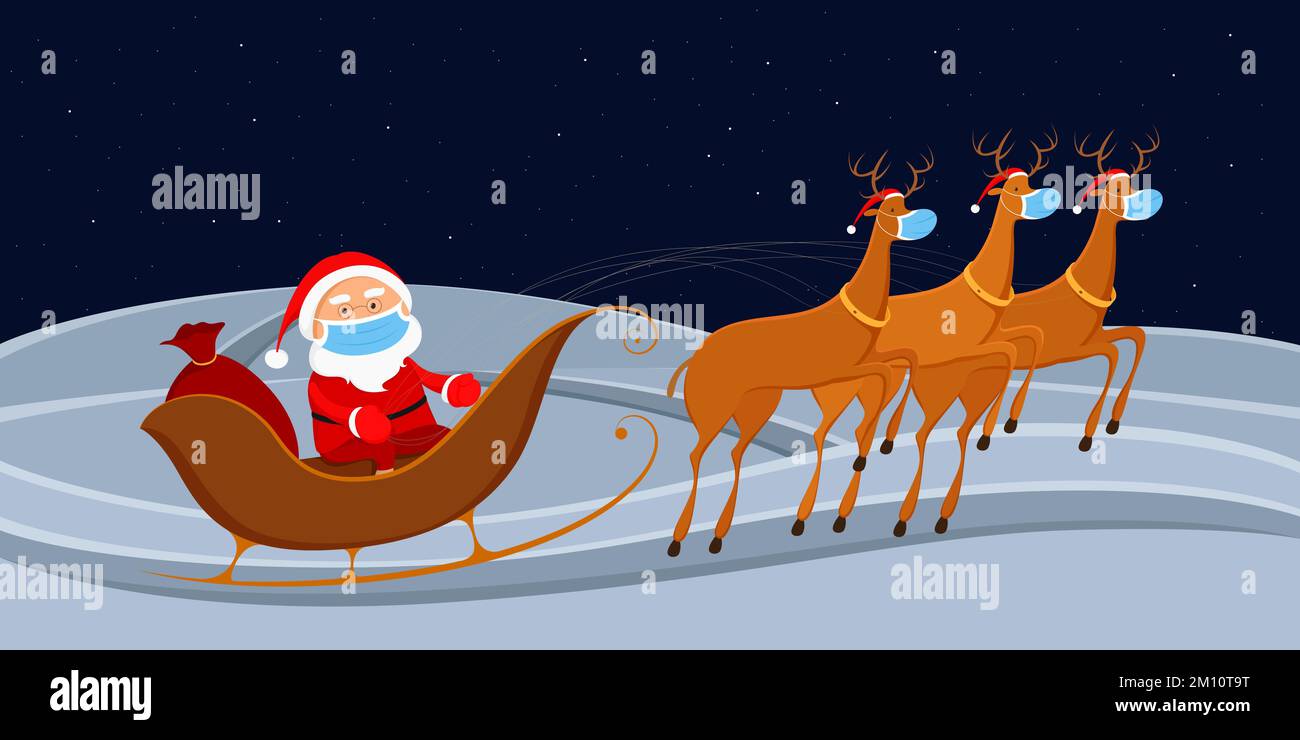 Babbo Natale in maschera medica cavalcando su slitta renne. Illustrazione vettoriale. Illustrazione Vettoriale