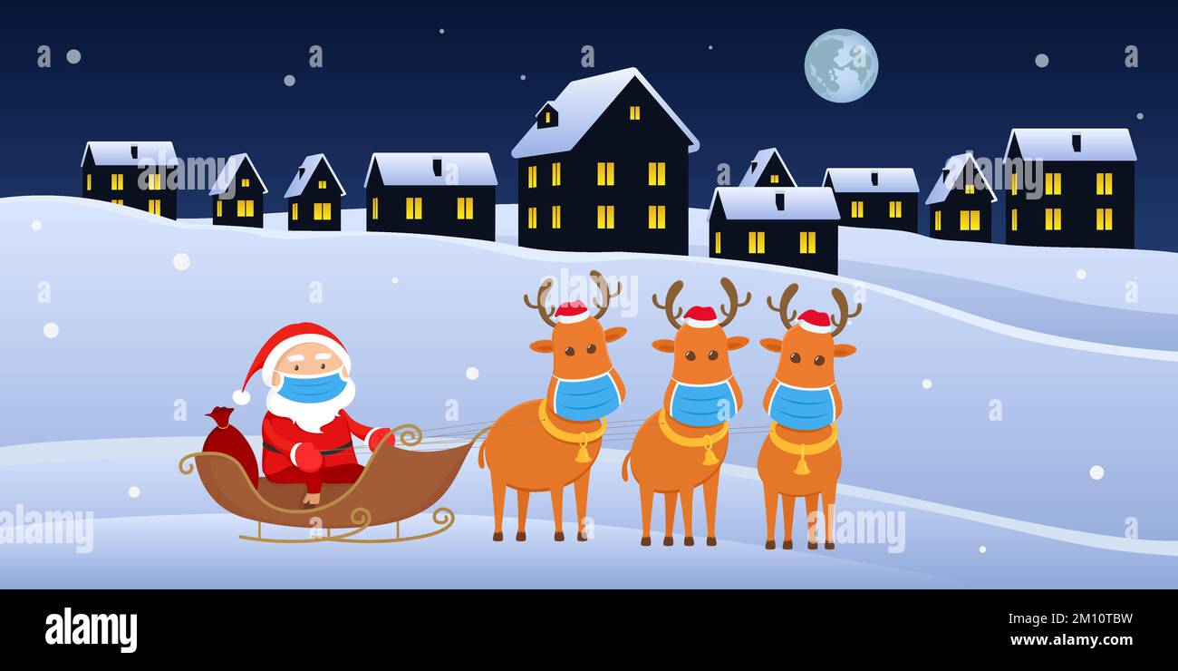 Babbo Natale in maschera facciale su slitta di renne. Illustrazione vettoriale. Illustrazione Vettoriale
