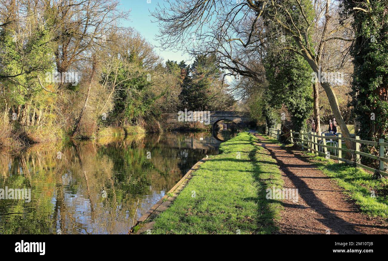 Kennett & Avon Canal a Burghfield Bridge, West Berkshire, Inghilterra, sotto il sole d'inverno e le ombre sopra l'alzaia Foto Stock