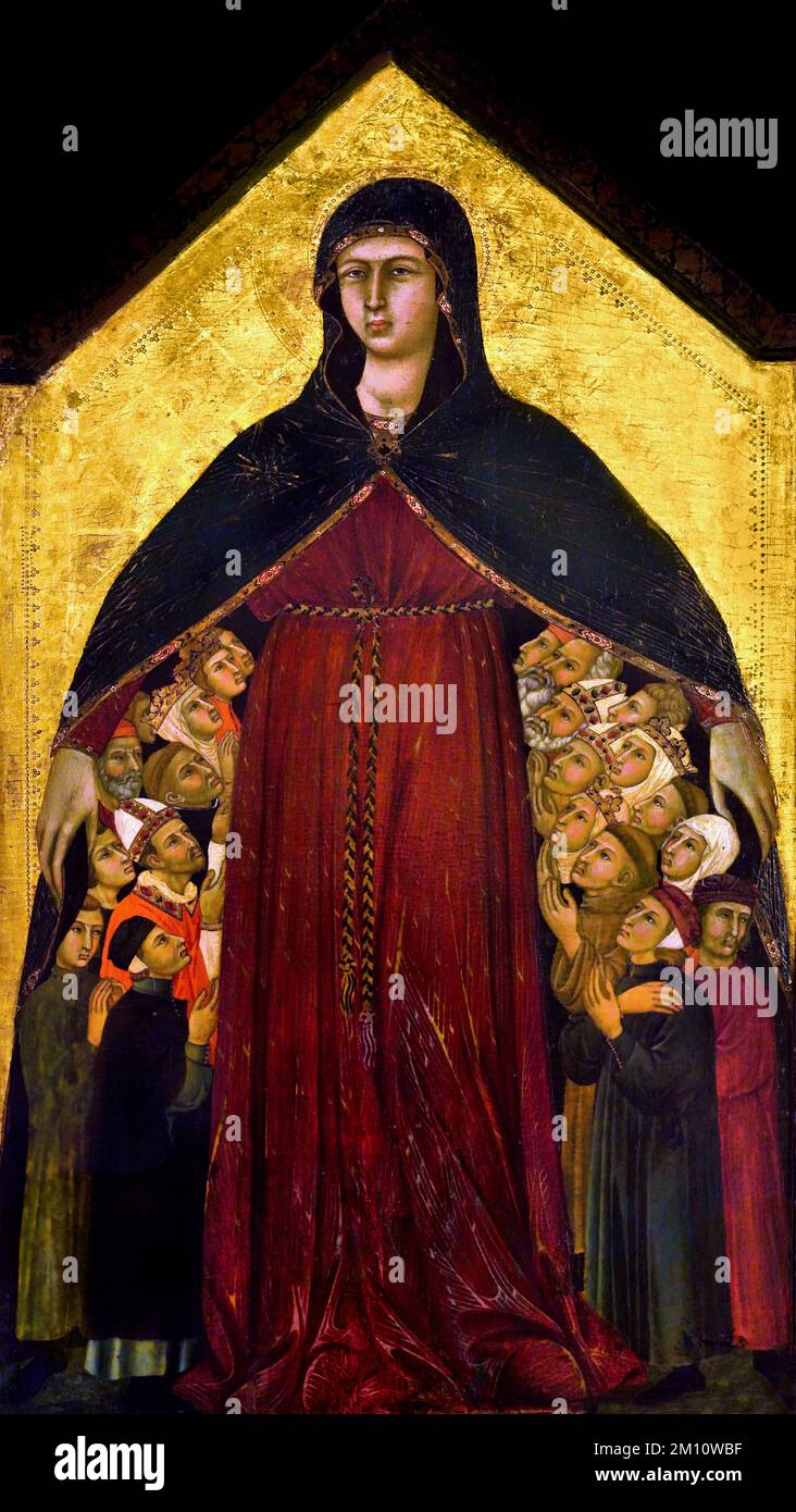 Simone Martini, Madonna della Misericordia, Arte cristiana, Italia, Italiano. ( grande mantello aperto ad accogliere i supplicanti ) Foto Stock