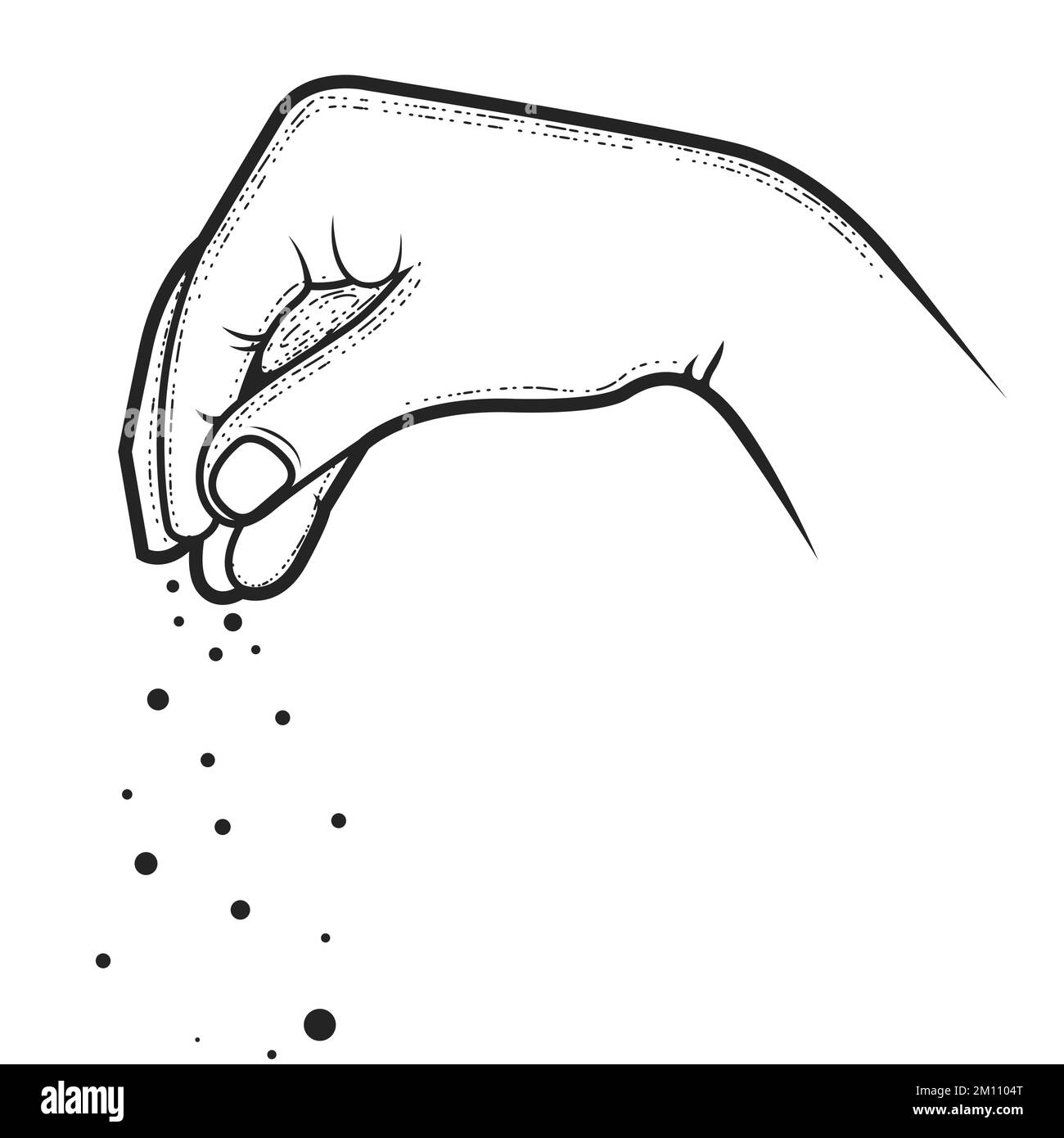 Mano di cuoco in polvere un piatto con condimento, pizzico di sale, spezie o condimento, dita pizzicate, vettore Illustrazione Vettoriale