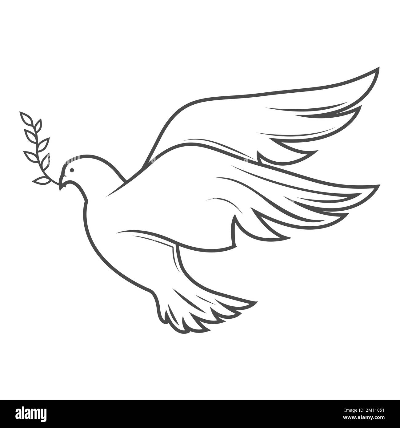 Colomba di pace che vola con ramoscello d'oliva in becco, contorno di piccione, simbolo di buone notizie, vettore Illustrazione Vettoriale