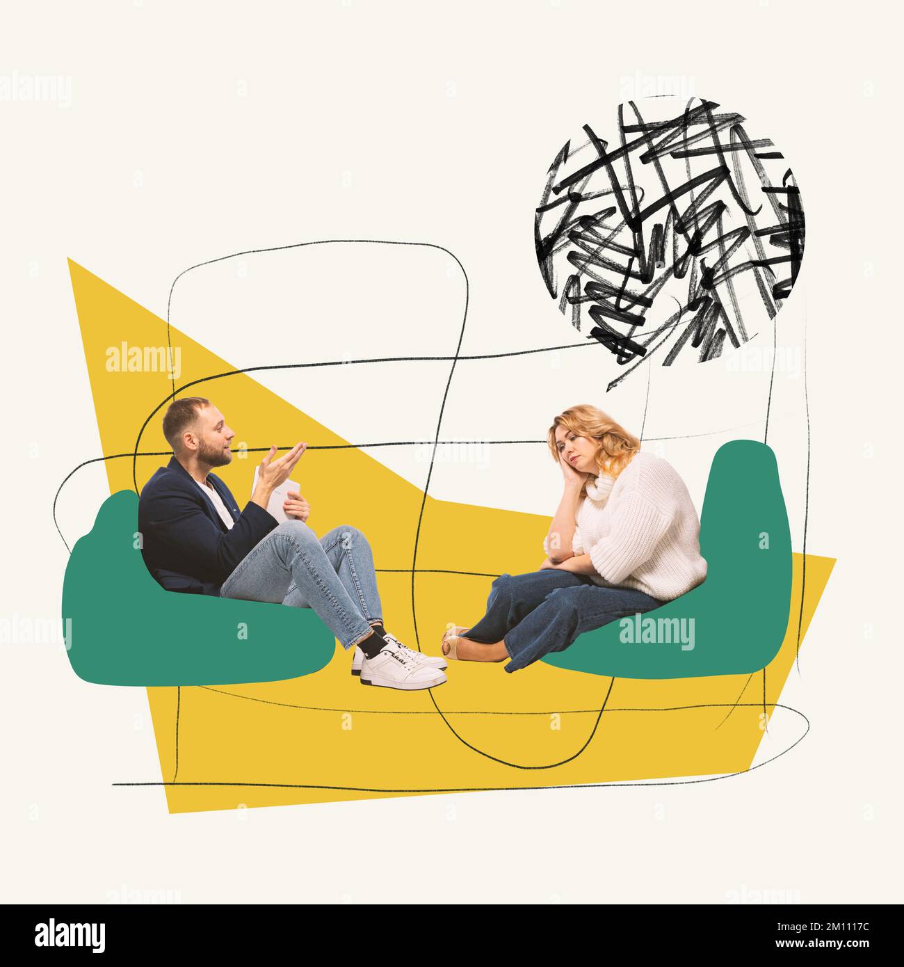 Collage d'arte contemporanea. Uomo, psicologo che parla con una donna disperata, contribuendo a ridurre i pensieri aggrovigliati. Recupero mentale Foto Stock
