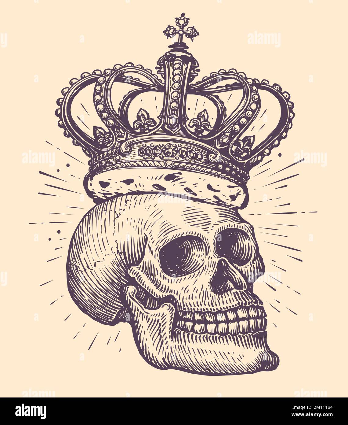 Cranio umano con corona del re. Disegno disegnato a mano in stile vintage. Illustrazione vettoriale del tatuaggio Illustrazione Vettoriale