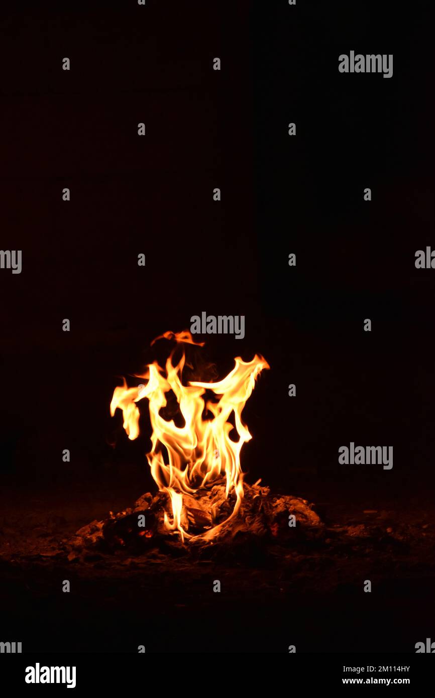 Fuoco di campo contro sfondo scuro. Foto Stock