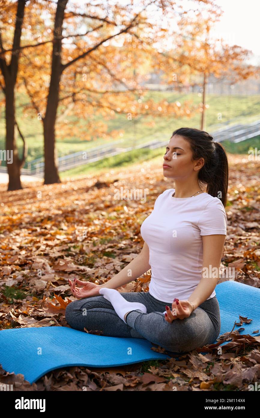 Giovane donna siede in un parco su un carimate e fa yoga Foto Stock