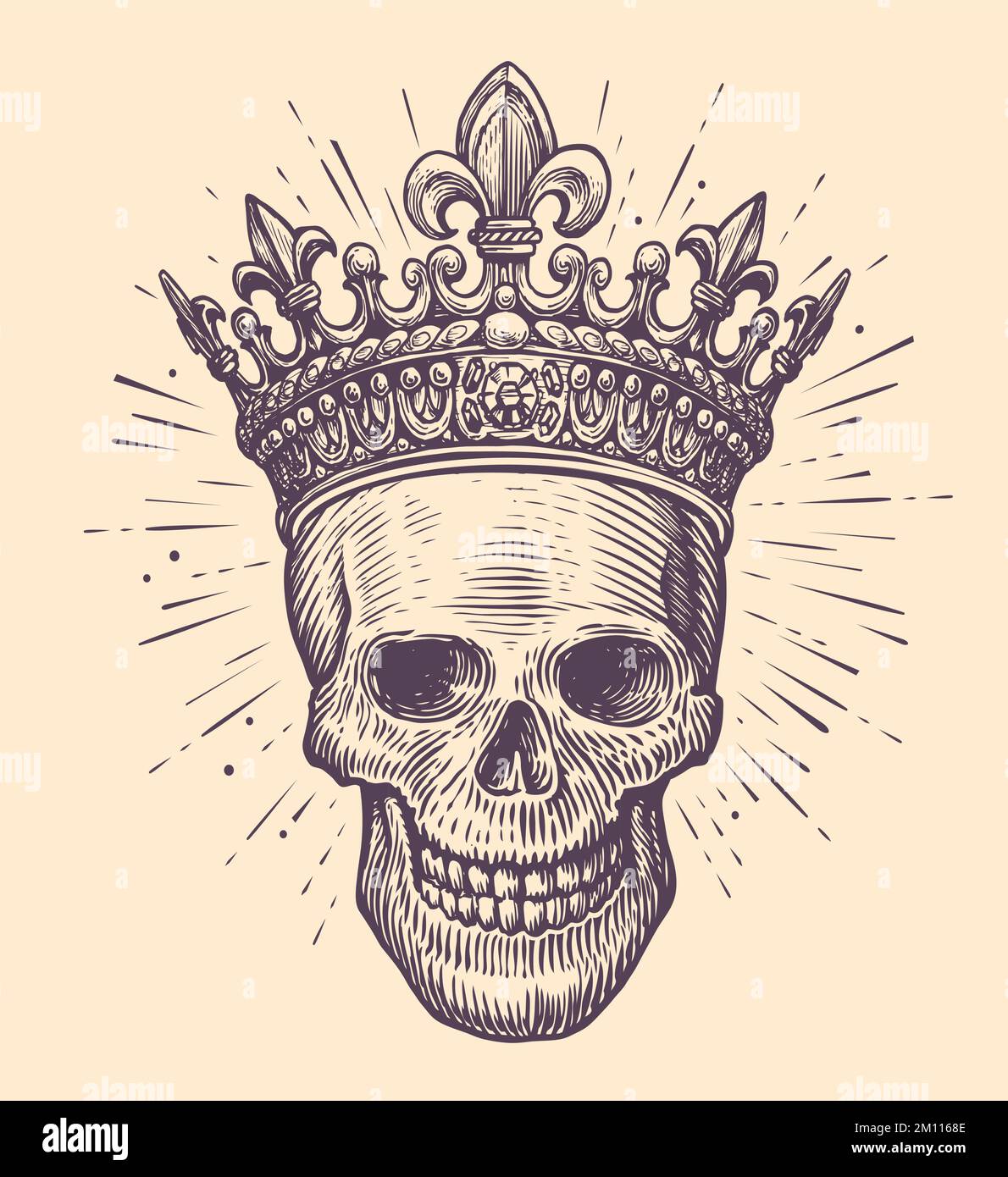 Cranio umano con corona del re. Disegno disegnato a mano in stile vintage. Illustrazione vettoriale del tatuaggio disegnato a mano Illustrazione Vettoriale
