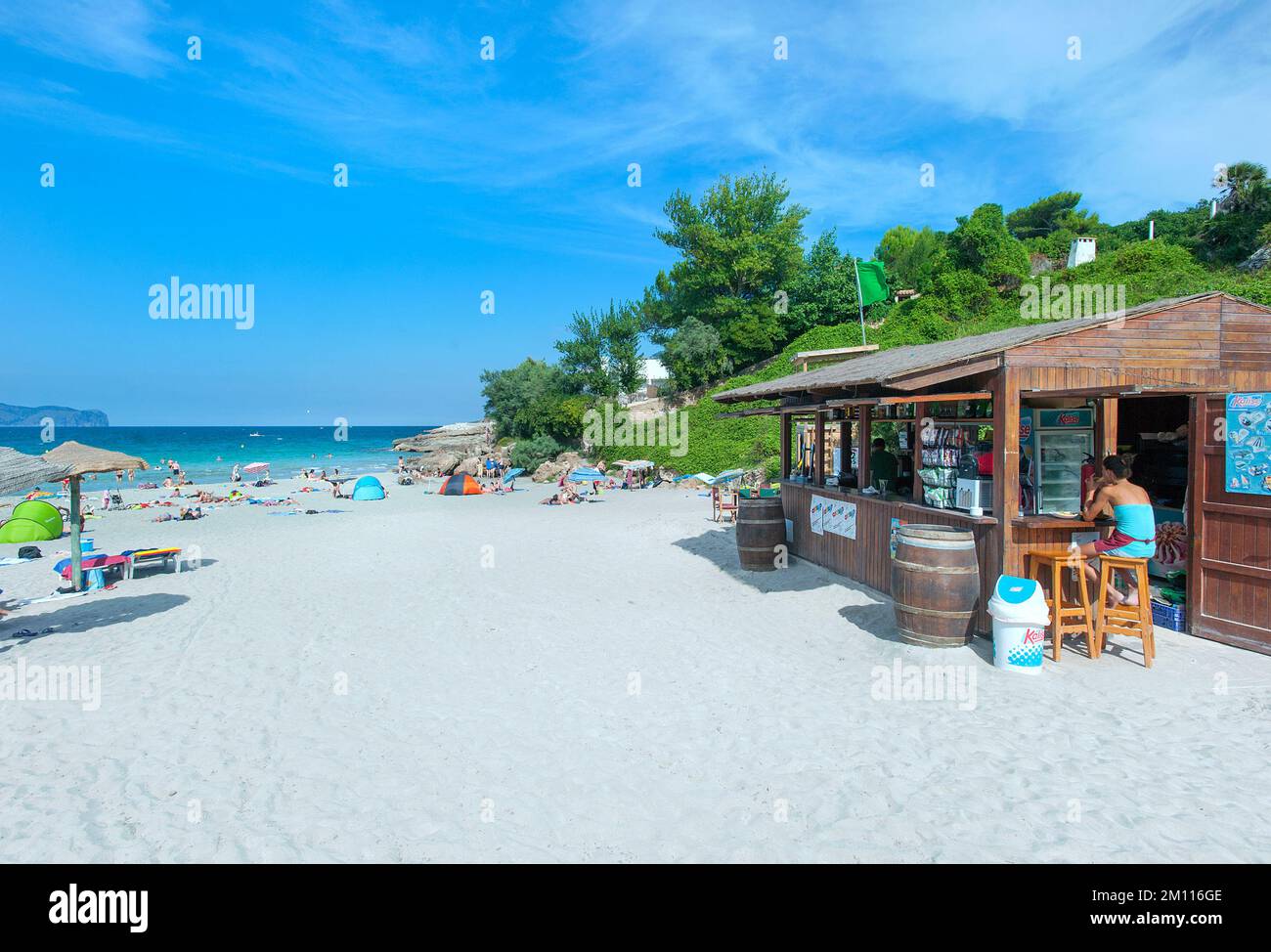 Bar sulla spiaggia a Playa de Sant Pere, Bonaire, Mallorca, Baleari, Spagna Foto Stock