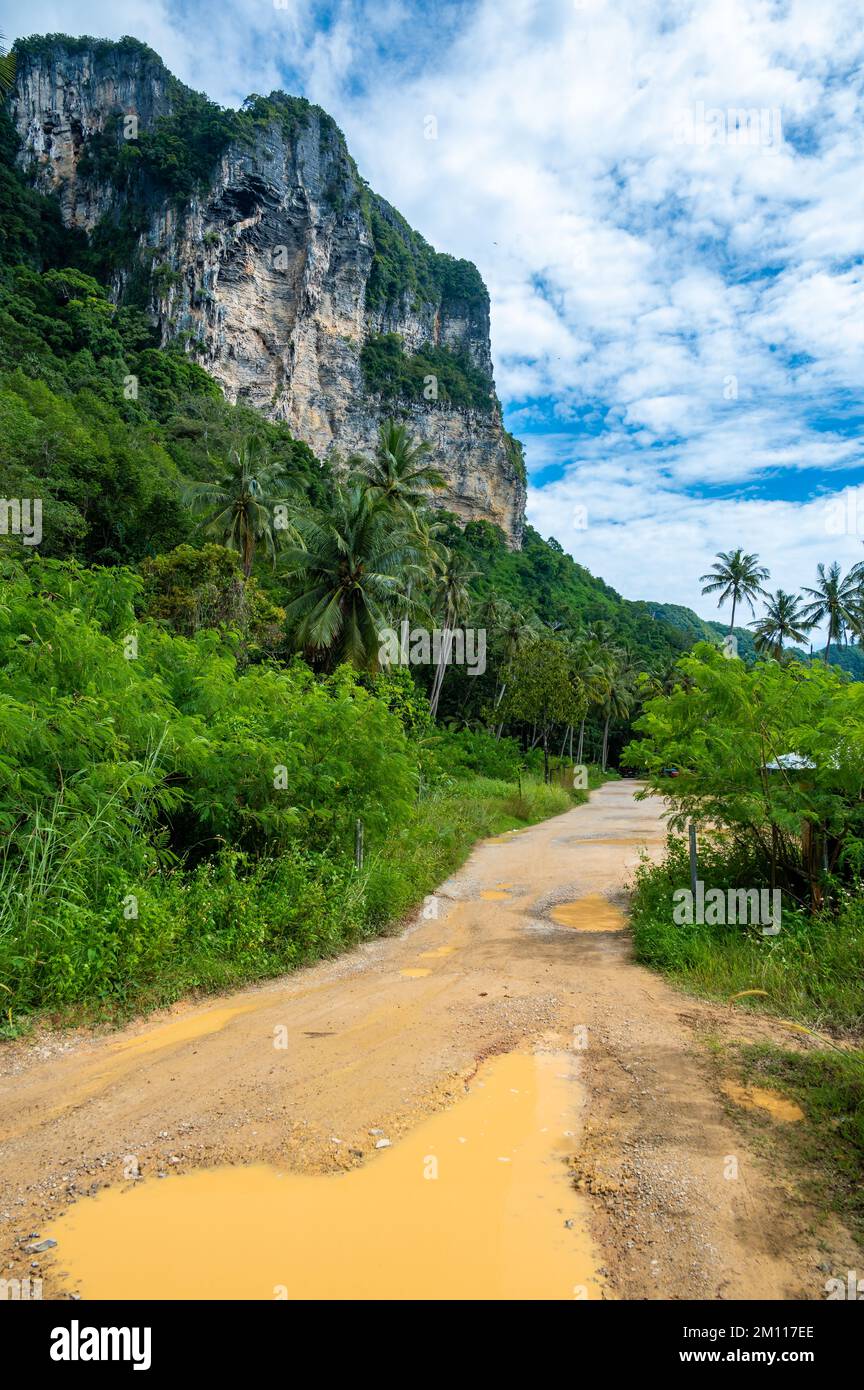 Roccia calcarea vicino alla spiaggia di Railay, Thailandia. Provincia di Krabi. Destinazione turistica esotica. Foto Stock