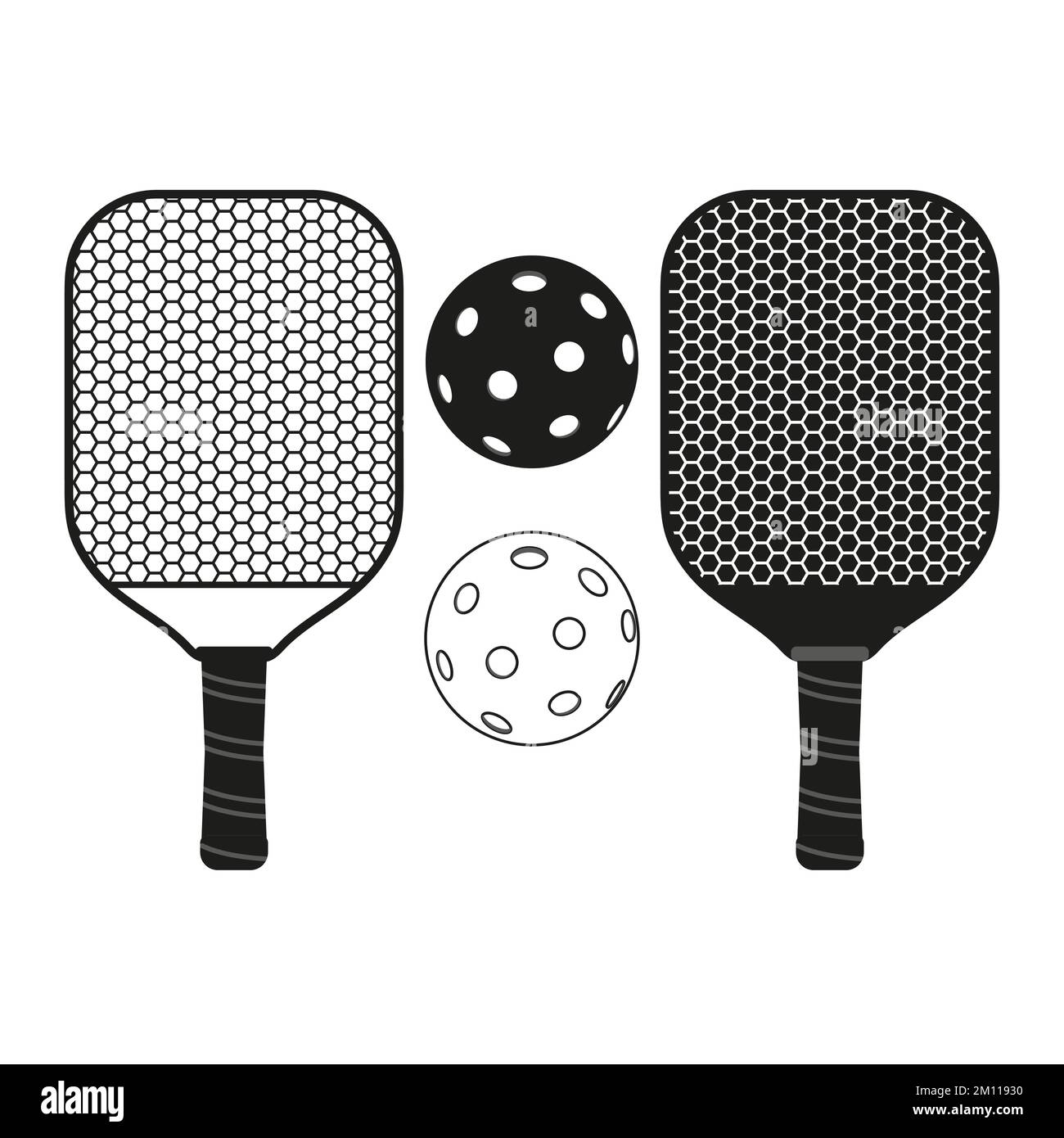 Illustrazione vettoriale Pinckle ball con paddle e testo. Illustrazione per la creazione di logo o per il design di magliette. Illustrazione vintage in bianco e nero Illustrazione Vettoriale